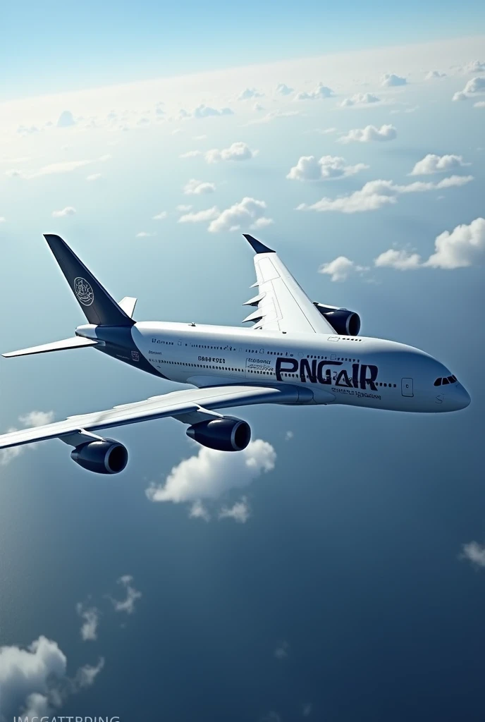 Generate an image of an Airbus A380 with the black logo of PNG Air