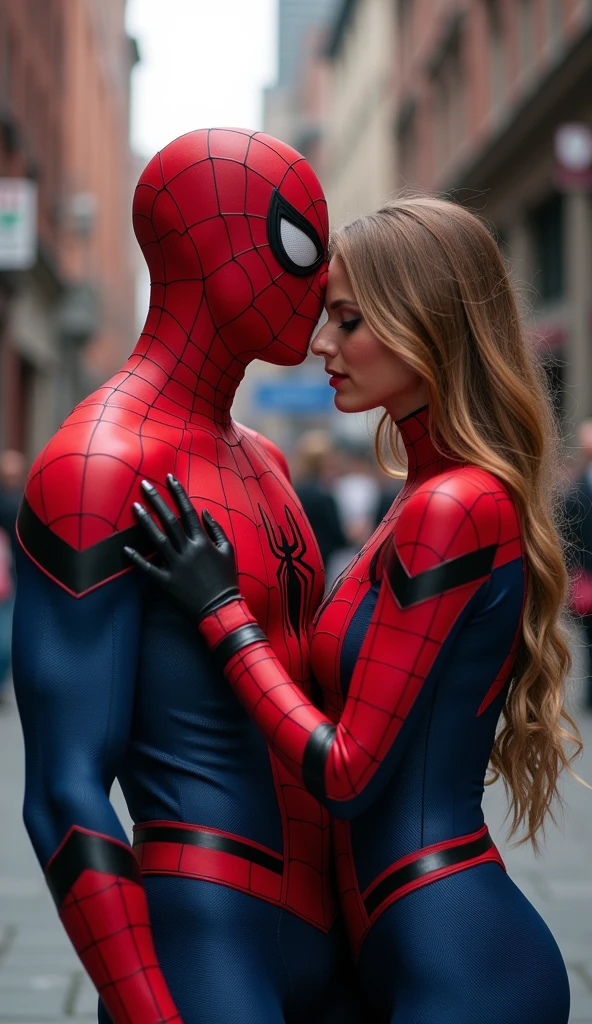 Spiderman is inserting his fingers in Captain Marvel’s vagina under her skirt, he is fingering her, she is in ecstasy, 