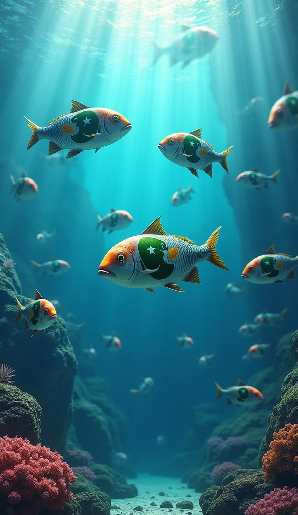Fishes in Sea with their mouth Pakistan flag