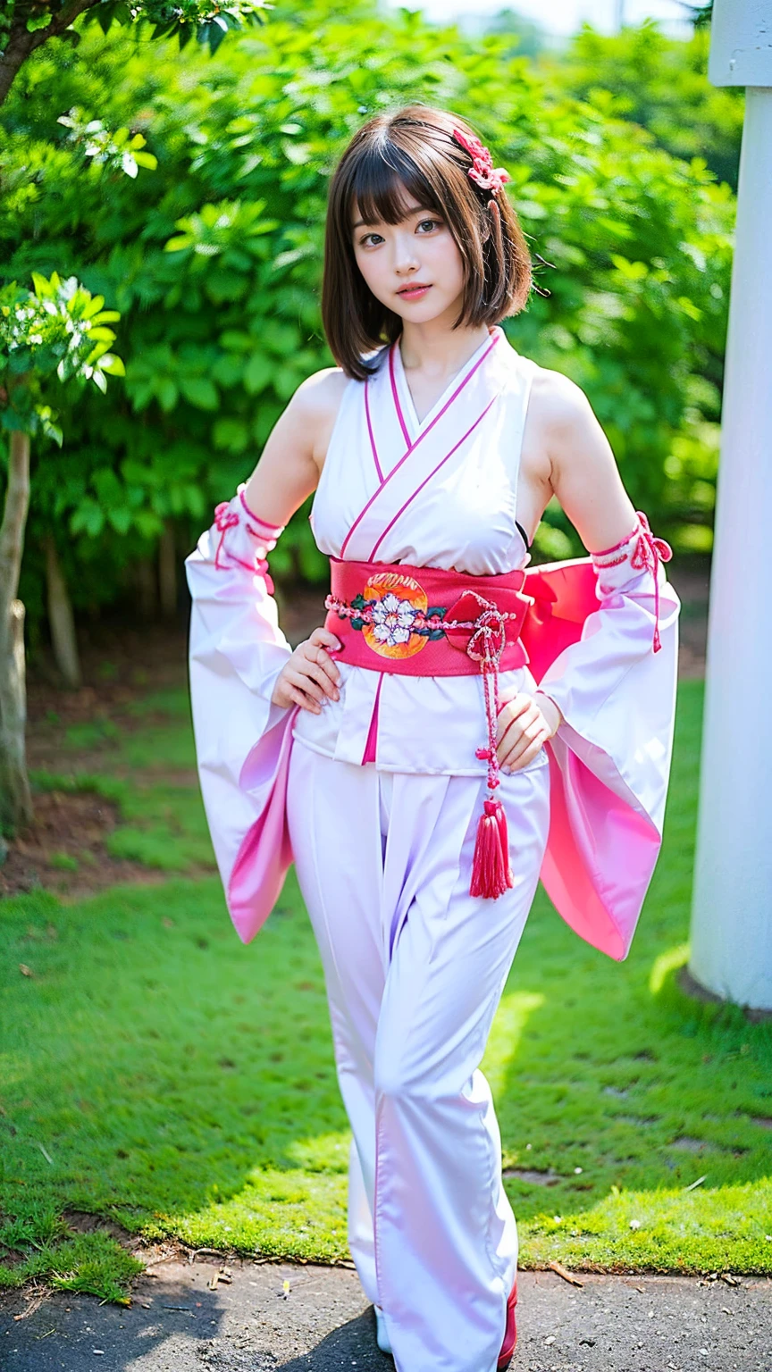 (8k、RAW Photos、Highest quality、masterpiece:1.2)、(Realistic、Realistic)、1 girl、((Long-sleeved kimono、Shoulder visible、Breast enlargement、boots、ribbon、garden、Thin legs、whole body、View from the front、Looking into the camera、Stand with hands on hips))、cute