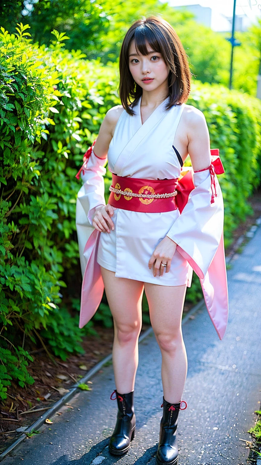 (8k、RAW Photos、Highest quality、masterpiece:1.2)、(Realistic、Realistic)、1 girl、((Long-sleeved kimono、Shoulder visible、Breast enlargement、boots、ribbon、garden、Thin legs、whole body、View from the front、Looking into the camera、Stand with hands on hips))、cute