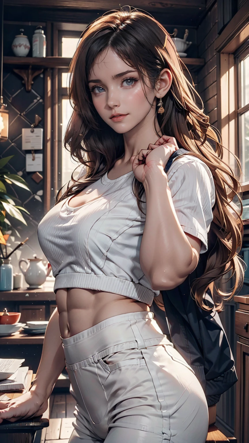 (Surreal), (figure), (High resolution), (8k), (Very detailed), (best figure), (Beautiful attention to detail), (Highest quality), (Very detailed), (masterpiece), ( wallpaper), (Detailed face), alone, 1 girl, White Wavy Hair, Korean, heterochromatic eyes, Small mole under eye, Loose white shirt, Yoga pants, Big Breasts, Long legs, Toned Abs, Camel Toe, Dynamic pose