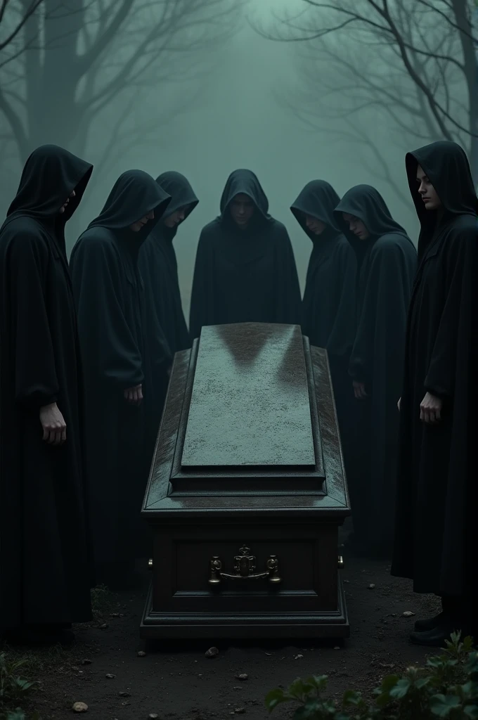 Coffin with sad people next to it
