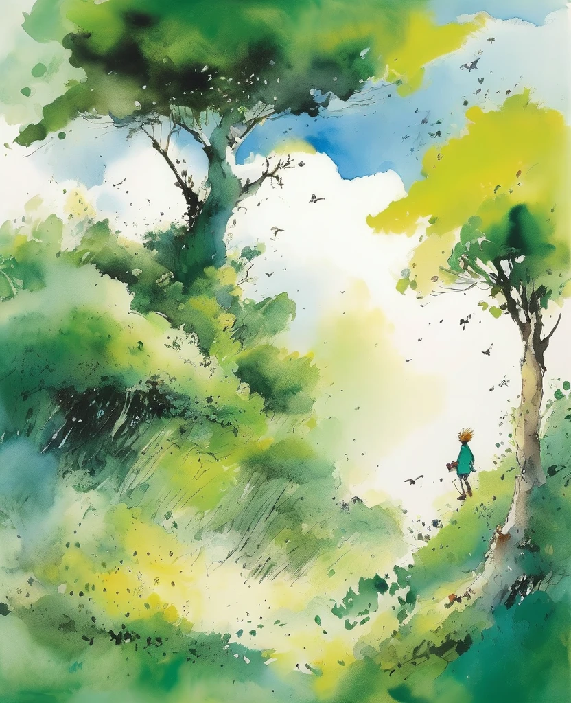 Quentin Blake style photo 、A morning when the sky was so blue that the white clouds disappeared、Portraiture、High resolution、The green forest shines white、Highest quality、masterpiece、Very detailed