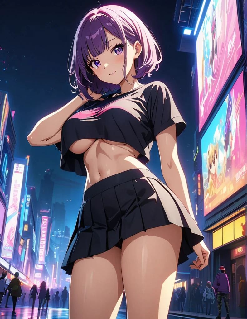 (anime artwork, anime style, studio anime, very detailed, up to date, vibrant, Anime Coloring, high contrast, masterpiece:1.2, best quality, best aesthetics),1 girl,cyber punk clothes, Medium chest, A glimpse of thighs,cyber punk hair, One eye is hidden by the bangs, perfect proportions, high detail skin, Cute, detailed faces,cyber punk city,night, large breasts, cutout between underboob and shirt,very short pleated miniskirt