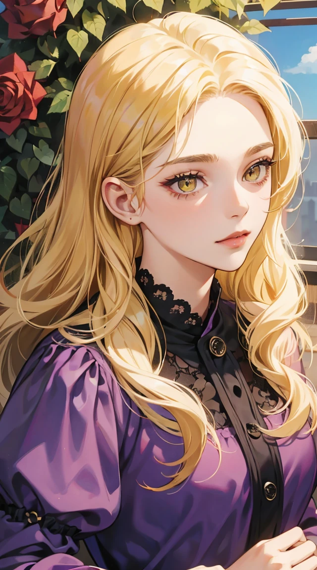 1girl, 30 years old, rich wonan, blonde hair, long hair, blonde, yellow eyes, purple roses,