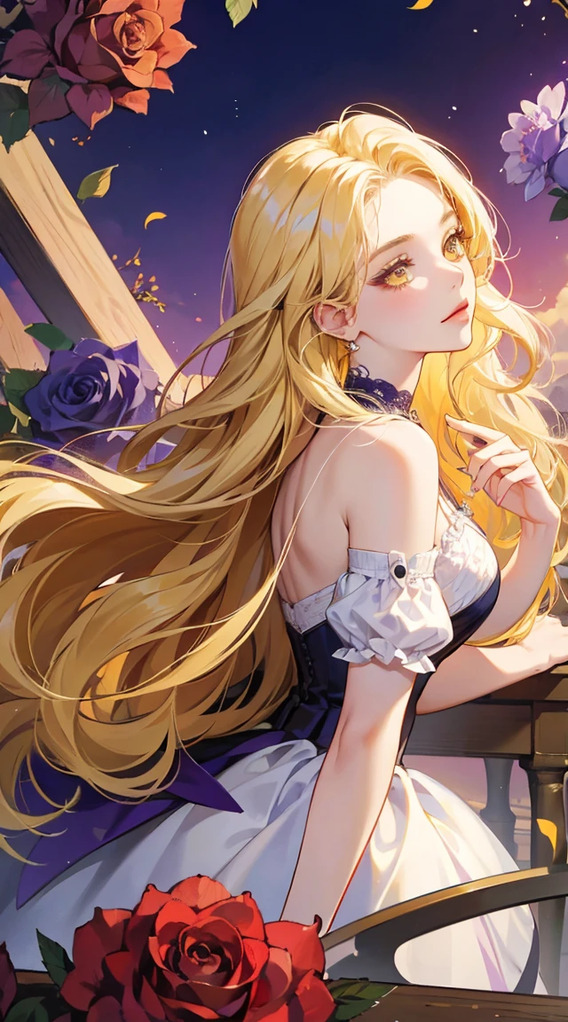 1girl, 30 years old, rich wonan, blonde hair, long hair, blonde, yellow eyes, purple roses,