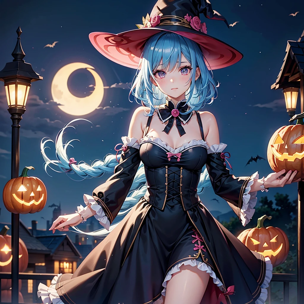(Sky Blue Hair),(Braided medium hair:1.2), (Pink Eyes),Fair skin) ,(whole body),(One Girl),(Crescent Moon),(There are many pumpkin ghosts in the background),(If you don't give me sweets, I'll be mischievous.),Halloween Night Party),(masterpiece, Highest quality, Very detailed, Best Shadow), (Detailed Background), (Beautifully detailed face), High Contrast, (Best lighting, Very delicate and beautiful), ((Cinematic Light)), Hyper Detail,8k, Dramatic Light, Intricate details,Cute witch clothes,night,Bats flying in the background,