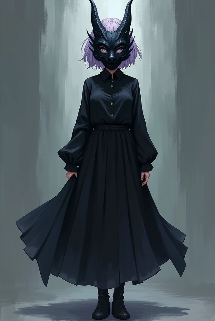 Female, Anime, Short lavender-haired, Faired skin, Black dragon mask fully covering her face, Black jacket, Black longskirt, Black boots