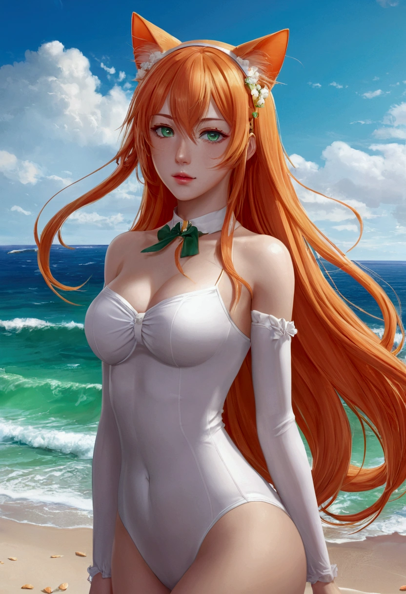anime girl with long orange hair standing on beach near ocean, green eyes detailed digital anime art, cat ears, , anime girl with long hair, smooth anime cg art, anime girl with long hair, average breast size, digital anime art, artwork in the style of guweiz, beautiful anime portrait, photorealistic anime girl render, beautiful anime girl, advanced digital anime art, pantyhose, guweiz on artstation pixiv upscale HD UHD HQ