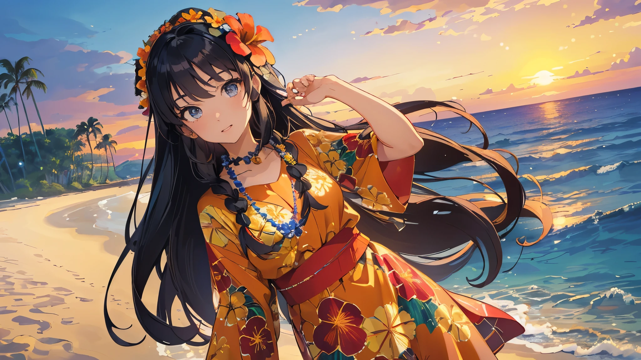 ((best quality)), ((masterpiece)), (detailed face and eyes), perfect face, long hair, black hair, Wearing a muumuu, Hawaii, flower necklace, Hawaiian dress, Hawaiian lei around neck, flower on head, cowboy shot, at beach, sunset, mature, anime style, Pop art, 8k