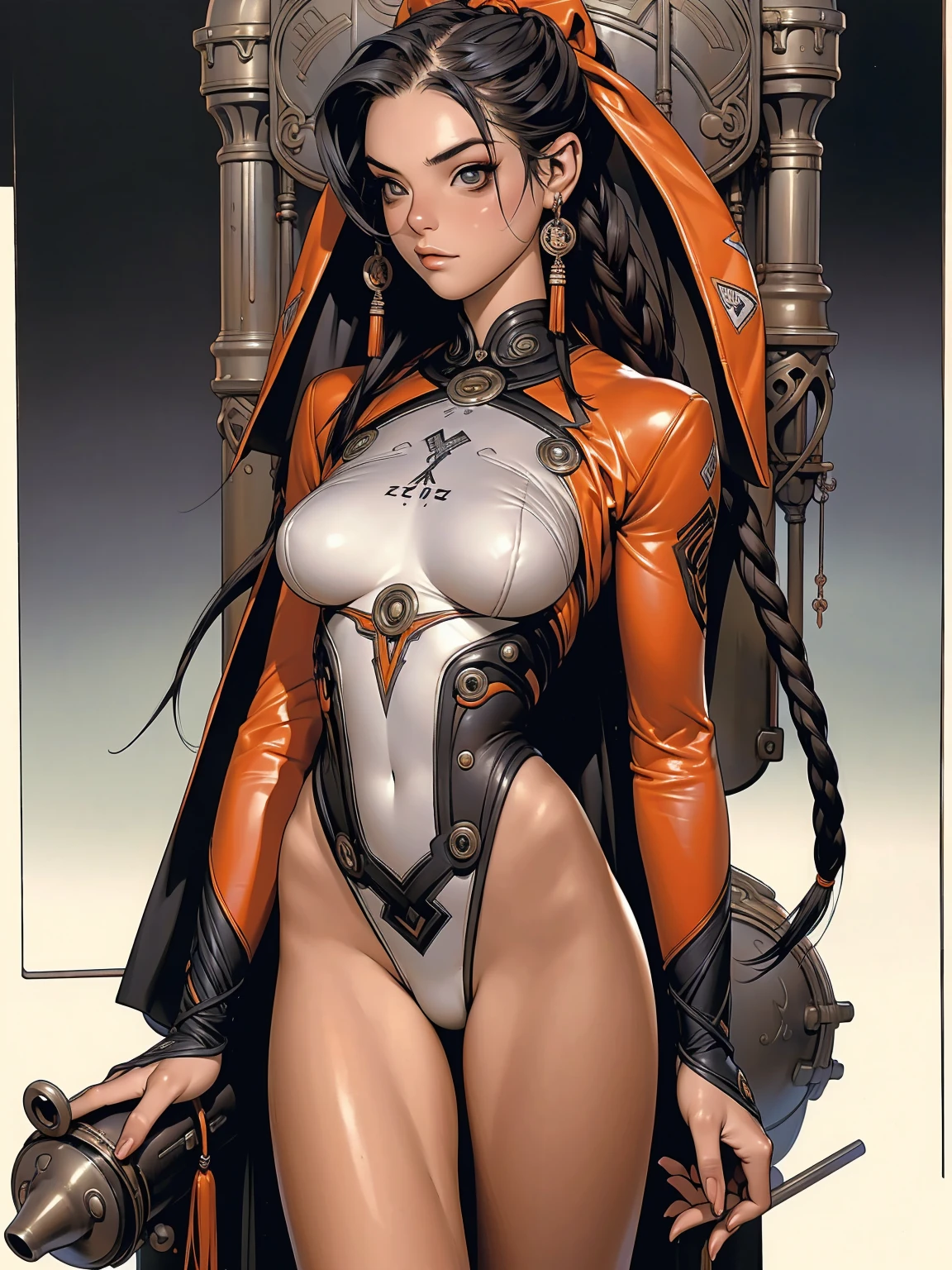(((best final quality))), ssmile(((standing alone:1.2))),(((1 girl:1.2))),((((beautiful perfect woman)))),(((perfectbody detalhado, perfect finger detailed))),((((((final film poster)))))),(((to burst, close up))),((((detailed complicated machine)))),(((((mechanical genius))))),(((American comics))),(((extreme highlights))),(((extremely colorful, primary colours))),neckleace, super beautiful lady,(((Typography))),text, (Unbeatable masterpiece), (hiper HD),(CG 8k hyper-realistic), (((brave face))), (((breasts big))), (((hyper feminine))), (((musclegirl))), sexly girl, king of fighter,(straight hair with thin braids)), ((( sculptural body ))), (((1 girl))), garota de 25 anos com perfectbody,,Beautiful and well-groomed face,muscular body:1.2,solid color detailed jacket, (Head to thigh photos), Complex equipment, (((standing alone))), pirralha violent, ((())), sexly, pose de atitude, work of art, post-apocalypse, (((manga style))), bounty hunter, violent, Manic, the way you want, slenderbody, thin but strong, perfectbody, roupa moderna, advanced technology, neon, sleeves with vertical striped pattern, intricate background, (( cowboy shot )). intricate visual