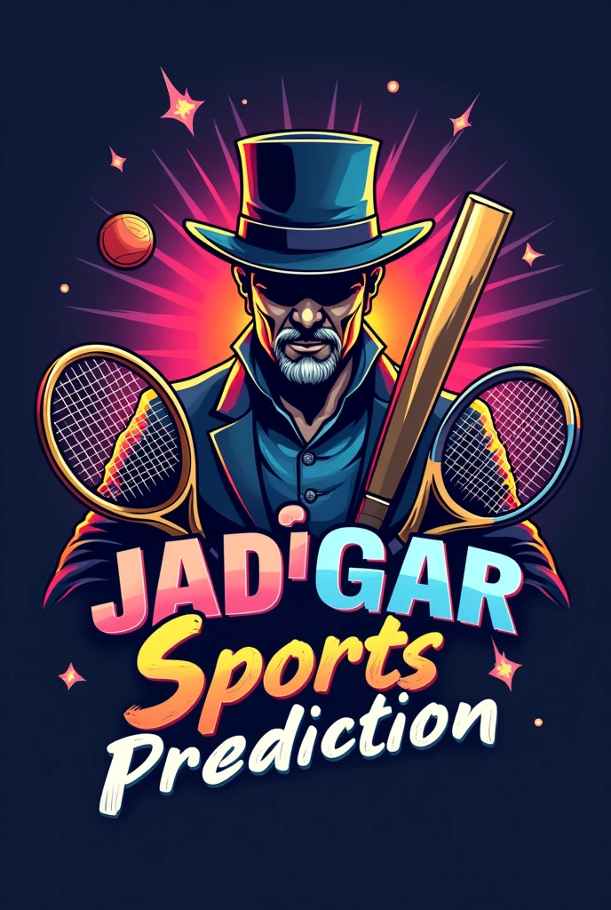 Design a sport logo where tennis racket, cricket bat and  a football clearly visible . Text must be written on it that is 'JADUGAR Sports Prediction ' in multi colour. Also a magician in background 
