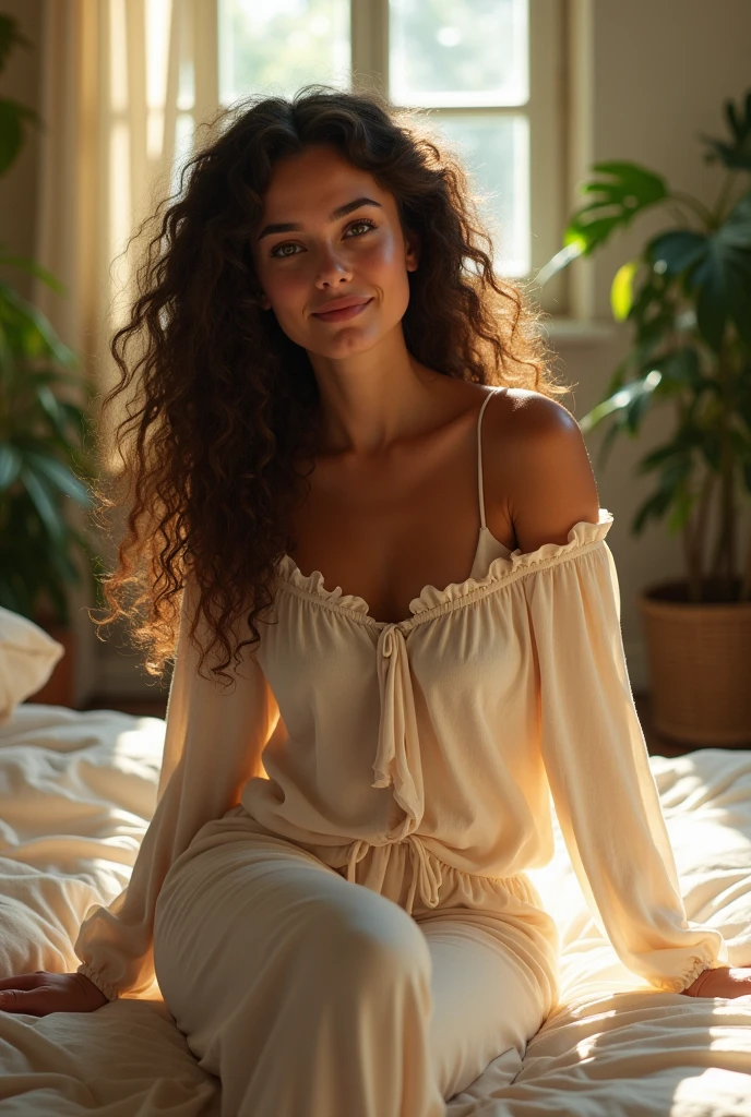 (photorealism:1.2), beautiful woman, sitting on bed, wearing loose off-shoulder top, pajama pants, long curly hair, indoors, soft lighting, plants in background, window with sunlight, cozy room, relaxed pose, realistic, intricate details, warm colors, by Greg Rutkowski, by Alphonse Mucha