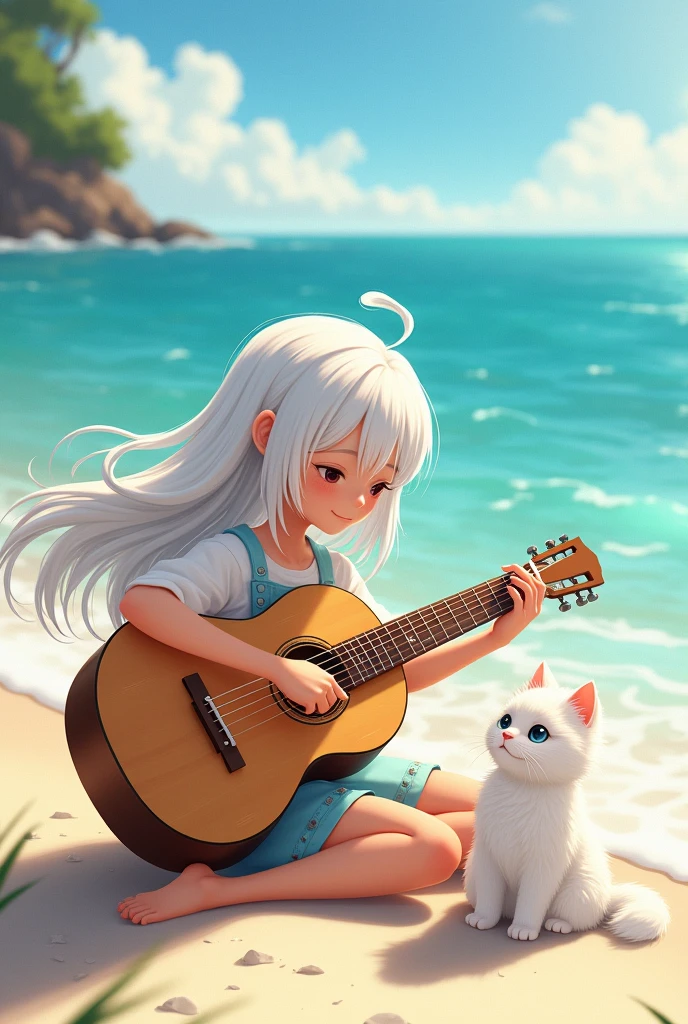 Girl play gitar ocean and cat White shor hair