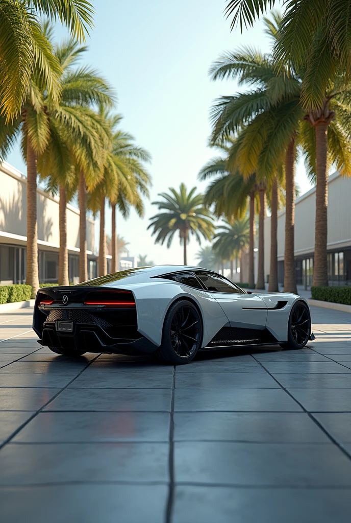 Future car with spoiler, parking spot, palm trees