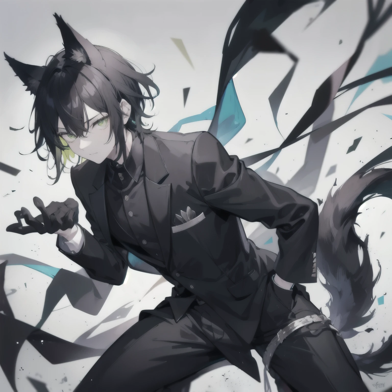 1 guy with fair skin, black hair, acid green eyes, wolf black ears, black wolf tail, black suit, personal account