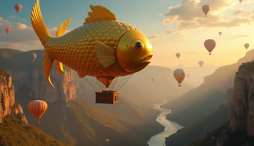(Surreal fantasy digital art:1.5) photo of a giant golden fish-shaped hot air balloon, with intricate scales and fins, floating majestically, surrounded by numerous hot air balloons, wide panoramic framing, over a dramatic mountainous landscape with winding rivers and cliffs, (golden hour lighting:1.3), shot from a low angle looking up, on a Canon EOS R5 with a 16-35mm f/2.8 wide-angle lens, (hyper-realistic details:1.4), (vibrant color grading:1.3), in the style of (Vladimir Kush:1.4) and (Roger Dean:1.2)