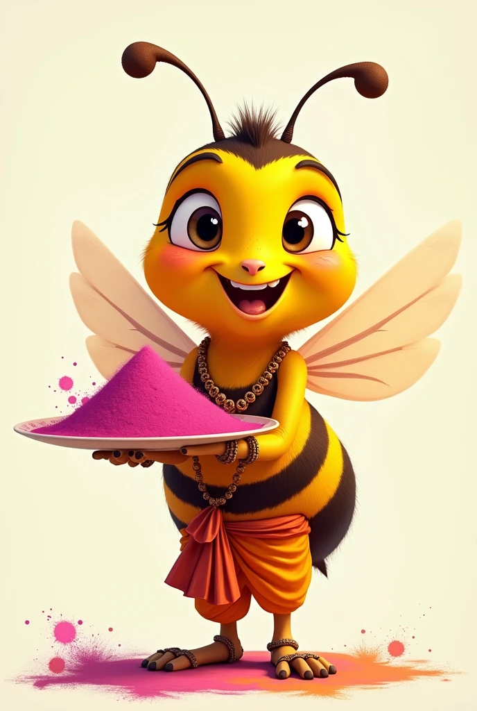 Cartoon of a bee in simple Hindu clothing in 2D, not so much detail, maintaining the insect features, happy and with gulal powder in his hands