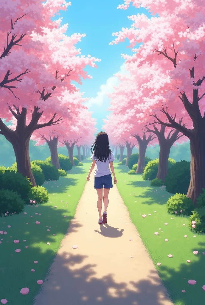 A straight path way in the middle and a girl walking and cherry blossom trees on the side of the path