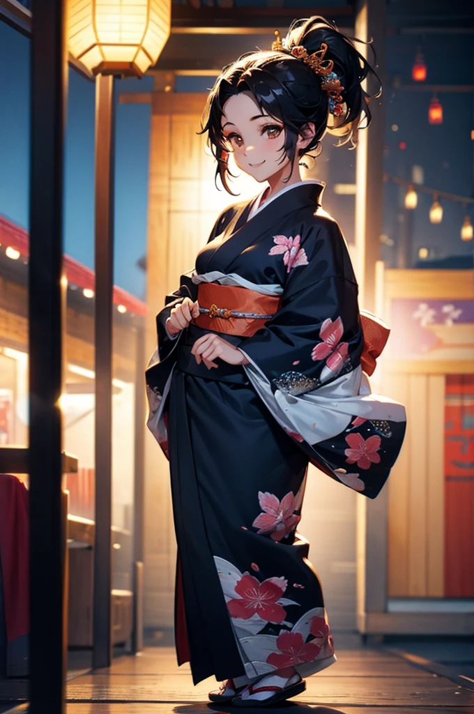 (((beautiful))), (((kimono, yukata, night, Festivals, stall, Perfect figure, full body))), ((Black Hair, parted bangs, forehead, ponytail, hair ornaments, slim)), One Woman, Small breasts, Thin legs, Glowing Skin, Sweat, (((Intricate details))), High resolution, ((Intricate details, Ultra-detailed)), from front, wide shot, (looking at viewer, look at viewer), Red cheeks, smile,