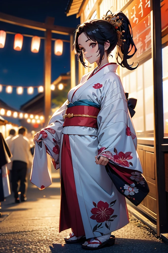 (((beautiful))), (((kimono, yukata, night, Festivals, stall, Perfect figure, full body))), ((Black Hair, parted bangs, forehead, ponytail, hair ornaments, slim)), One Woman, Small breasts, Thin legs, Glowing Skin, Sweat, (((Intricate details))), High resolution, ((Intricate details, Ultra-detailed)), from front, wide shot, (looking at viewer, look at viewer), Red cheeks, smile,