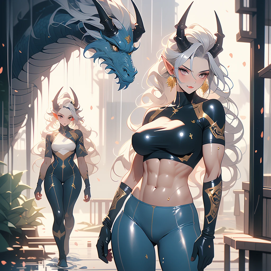 ((best quality)), ((masterpiece)), (detailed), 1 women pornstar elf dark knight, 8k_wallpaper, extremely detailed eyes, (large masterpiece digital art), (intricate details:1.3 ), (ultra-detailed:1.3), (sharp focus:1.3), (natural lighting:1.05), (vivid colors:1.3), (best quality:1.4), high quality, expressive eyes, full body, detailed face, beautiful face, perfect face, ((hair sandy white curls)), ((dragon dark silver horns)), (gold eyes), {{gray blue skin}}, ({gray blue skinned female}), big breasts, huge chest, powerful relief muscles of the abdomen and legs, powerful strong muscles of the arms, abdominal piercings, cruel predatory and cold-blooded arrogant look, a predatory smile with many fangs, open kimono of yellow and blue silk, white croptop with transparent wet cloth, under the clothes the clear outlines of large pointed nipples with piercings in the form of crosses appear, torn leather pants, the outlines of a wet vagina are clearly visible, steel gloves, wet, dirty, covered in blood, walking along the road between the houses of a destroyed village, dark cruel fantasy style,