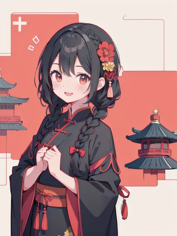 Detailed illustrations、Girl with braided black hair、Black Chinese dress with red flower pattern、smile、Chinese style building