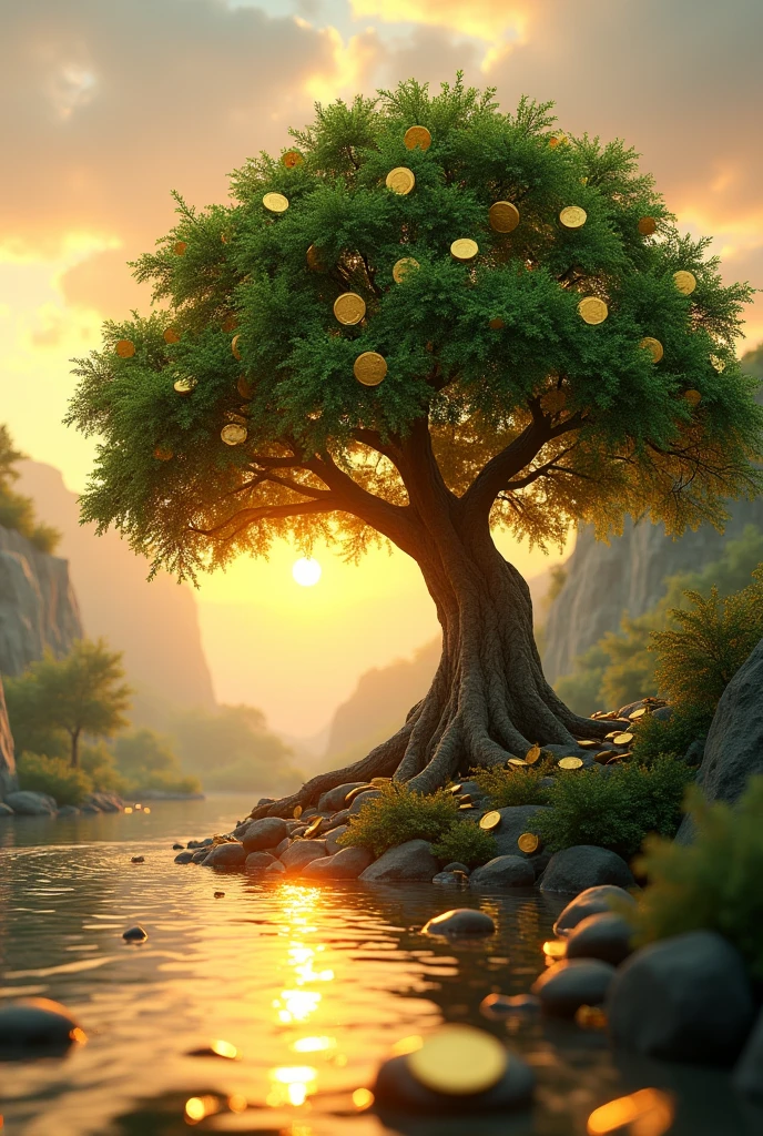 Money tree, success, River With Gold, golden hour