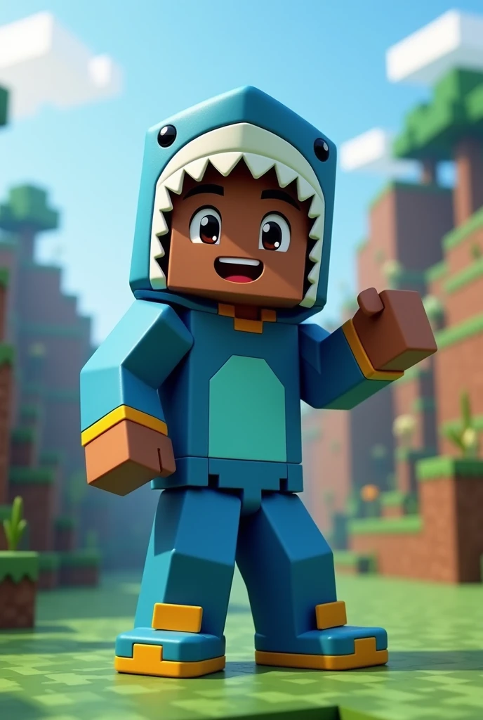 A Minecraft character, with chocolate skin, like a shark costume, with blue pants, with blue and yellow shoes, glad, Posing for a photo, with square eyes, animated cartoon, with Minecraft background, realisitic