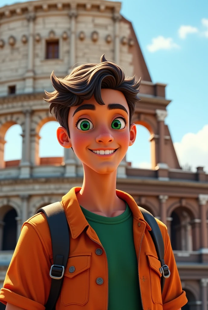 18 year old boy, BLOND, Mexican, green eyes and brown hair, in front of the Roman Coliseum, happy