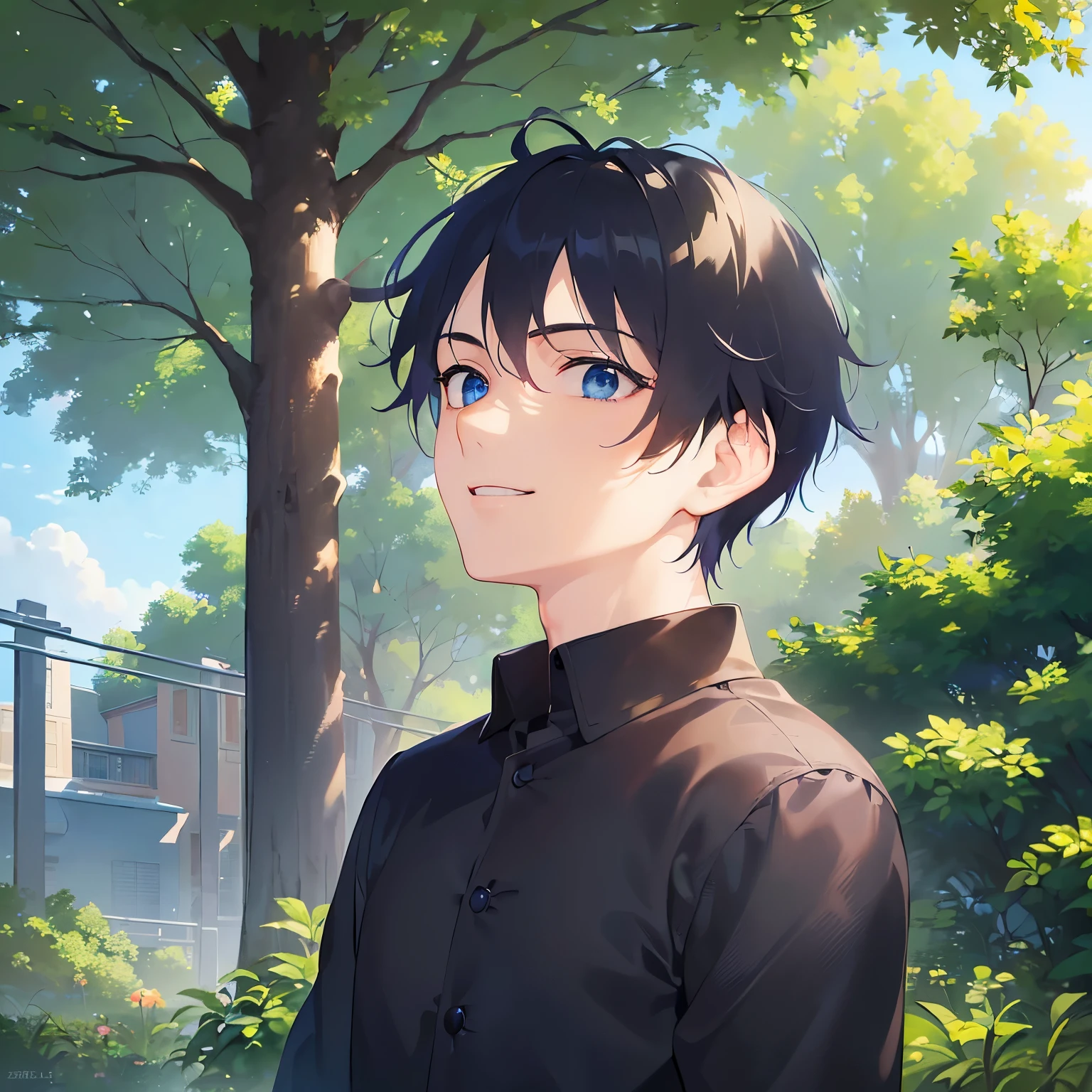 (looking up:1.5),upper body,Gazing Skyward 、Side shot、
shiny skin, masterpiece、Highest quality、
(25-year-old male:1.5) and (Black short hair) and (blue eyes),
Brown collared shirt、
smile,park,(alone:1.5)、grass
