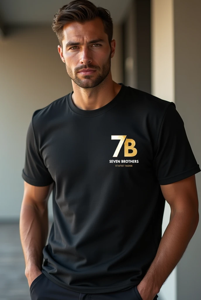 Man wearing t-shirts luxury brand 7B MUST COME ON left side on chest   TAG LINE SEVEN BROTHERS