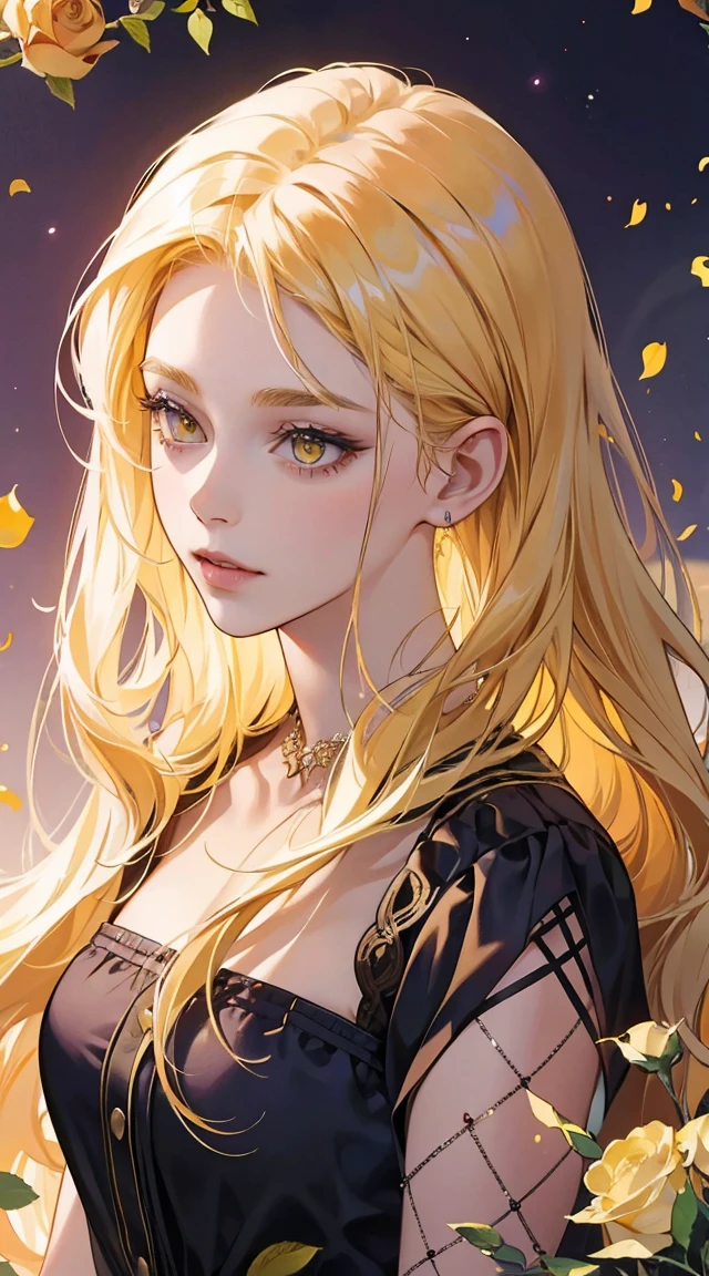 Girl, 30 years old, rich woman, blonde hair, long hair, blonde, yellow eyes, purple roses, real life
