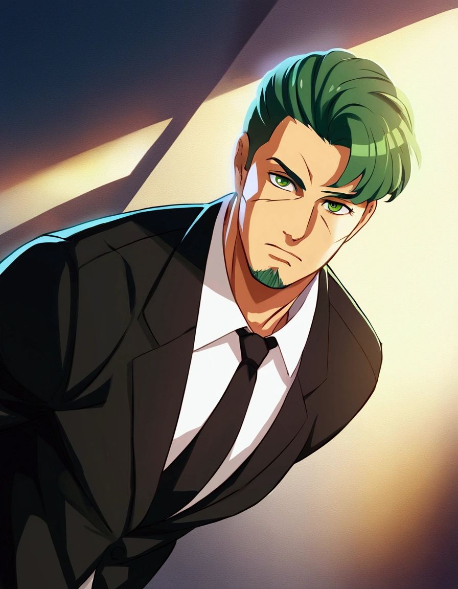 1man, man in black, vigorous mature, business hair with asymmetrical bangs, goatee, green platina blond hair, emerald eyes, BREAK 40yo, charming caucasian, slightly long chiseled face, deep set, angular jaw, facial wrinkles, crewcut, BREAK ideal ratio body proportions, middle weight muscular, beautiful detailed eyes, dark hero, best eyes, BREAK solo, funeral black suit, black necktie, white shirt, at wall street, detailed background, serious, cool expression, natural standing, melancholy, BREAK upperlegs, dramatic expression, in persona style, masculine comic art, 2010s, retro visual novel, in newest eroge style, dutch angle, cinematic shadows, cinematic lighting, lens flare, light leaks, texture, absurdres absolutely resolution, extreme all detailed, greatest painting, BREAK masterpiece, best quality, BREAK score_9, score_8_up, score_7_up, source_anime, rating_safe, score_6_up, score_5_up, score_4_up