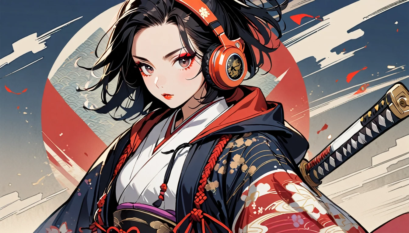 (((1 girl))), (((Flashy makeup))), (((Japanese style headphones))), (((Japanese pattern hoodie))), (((Japanese sword))), (((Female samurai))), Japanese beautiful girl, Black Hair, Delicate and precise, Modern ukiyo-e style, Japanese flag, battle style