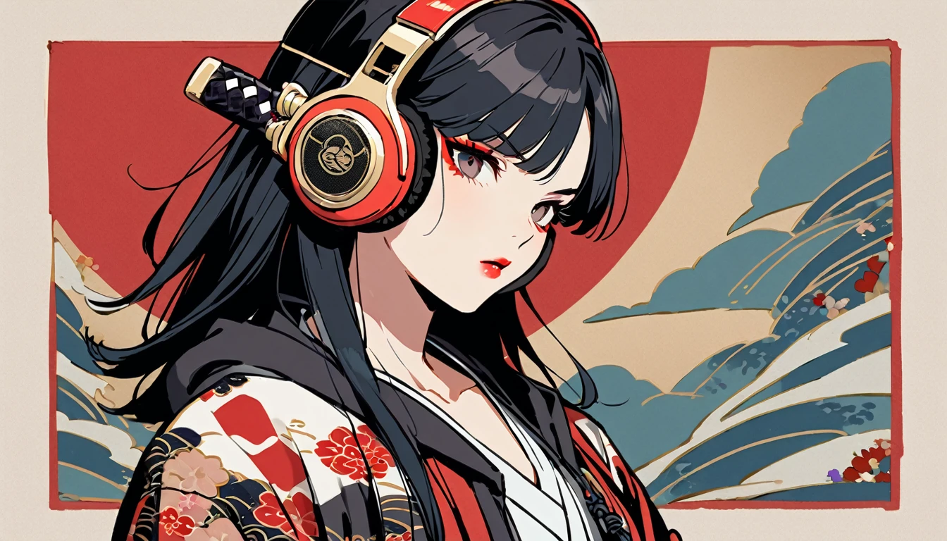 (((1 girl))), (((Flashy makeup))), (((Japanese style headphones))), (((Japanese pattern hoodie))), (((Japanese sword))), (((Female samurai))), Japanese beautiful girl, Black Hair, Delicate and precise, Modern ukiyo-e style, Japanese flag, battle style