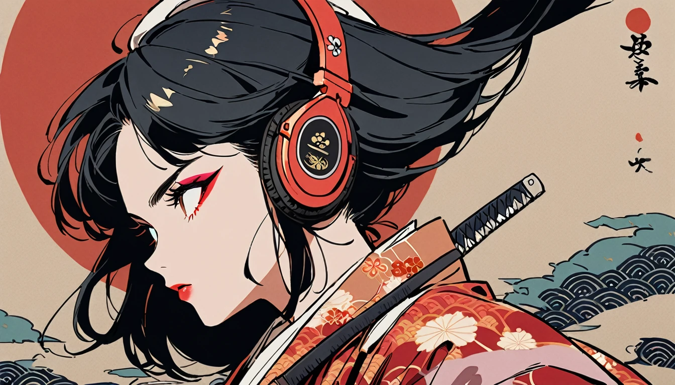 (((1 girl))), (((Flashy makeup))), (((Japanese style headphones))), (((Japanese pattern hoodie))), (((Japanese sword))), (((Female samurai))), Japanese beautiful girl, Black Hair, Delicate and precise, Modern ukiyo-e style, Japanese flag, battle style