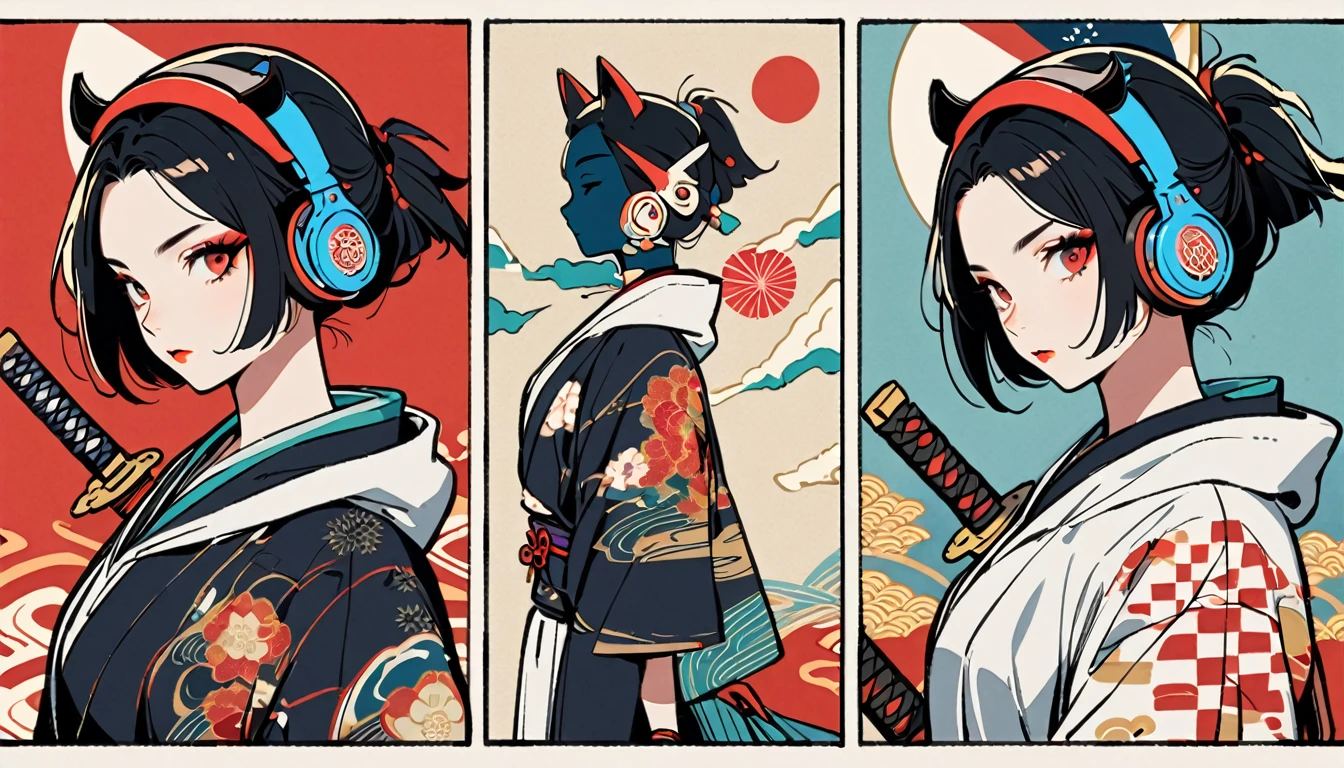 (((1 girl))), (((Flashy makeup))), (((Japanese style headphones))), (((Japanese pattern hoodie))), (((Japanese sword))), (((Female samurai))), Japanese beautiful girl, Black Hair, Delicate and precise, Modern ukiyo-e style, Japanese flag, red and blue neon