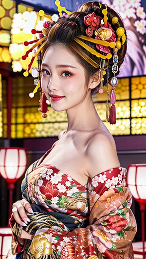 Filmed in 4K high resolution、Women in great photographs。She has natural voluminous lighting and the best shadows、Smiling and expressive。She is depicted as a beautiful courtesan with an edge、Posing in a kimono。Her face is soft, delicate and charming、Expanded depth of field、Looks like a perfect edge courtesan。Her body is also perfectly displayed..、The hairstyle is also refined。