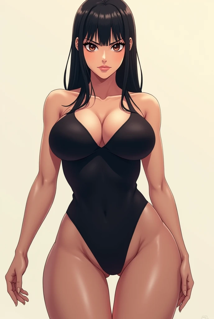 Tall women, leotard black, long low hair, mature women, serious face, beautiful body, big butt, big breast, full body, anime style, body suit, legwear, arm wear, straight hair, fringe, covered chest