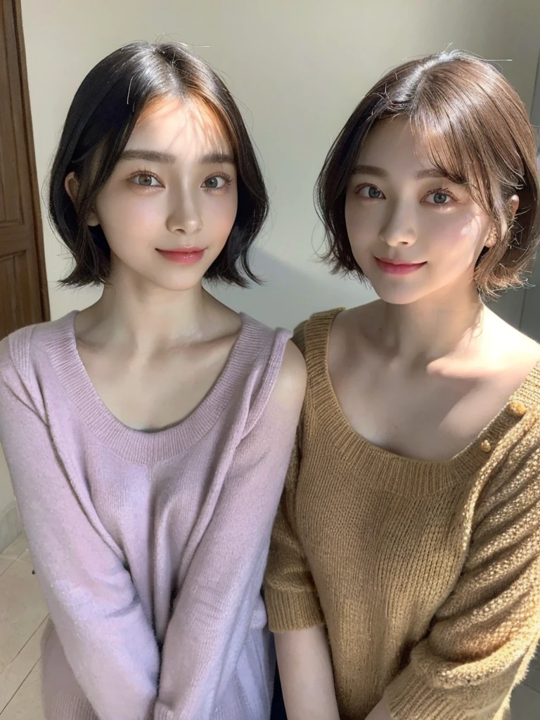 (masterpiece:1.3), (8k, Photoreal, Raw photo, best image quality: 1.4), Japanese high school girl、(random hairstyle:1.2)、cleavage:1.5、super detail face、eye for details、double eyelid、chest to chest、sharp focus:1.2、Beautiful woman:1.4、light brown hair、highest quality、masterpiece、超A high resolution、(Photoreal:1.4)、Highly detailed and professionally lit smiles、loose and light knitwear、shoulder out、thin、serious expression、short haired、deadly position
similar identical twins
All the girls have the exact same face, The two have the same face and figure, as if they were mirror images.