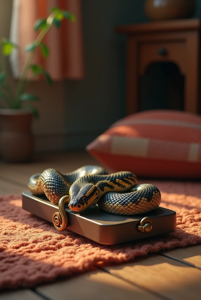 A baby snake getting trapped into a rat trapping mechani, background vintage comfy house