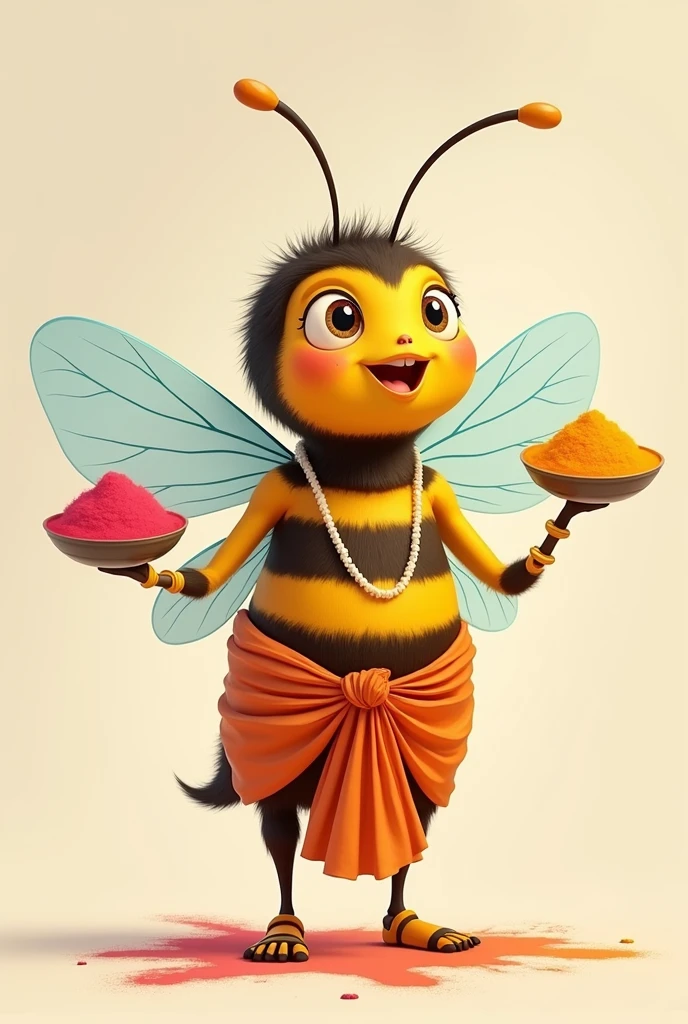 Cartoon of a bee in simple Hindu clothing in 2D, not so much detail, maintaining the insect features, with gulal powder in hands
