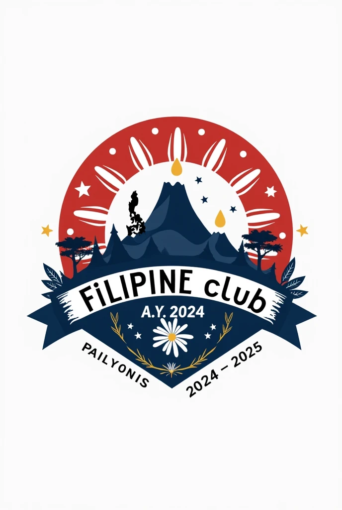 Design a logo for a Filipino club featuring the Philippine flag but excluding the sun. The logo should prominently incorporate the flag's red, white, and blue colors. Consider integrating cultural symbols such as a traditional parol or the sampaguita flower, and include a silhouette of the Philippines map or notable landmarks like Mayon Volcano. Use modern, clean typography for Filipino Club A.Y 2024 - 2025 aorund it, and add subtle decorative elements like star patterns or geometric shapes to enhance the design.