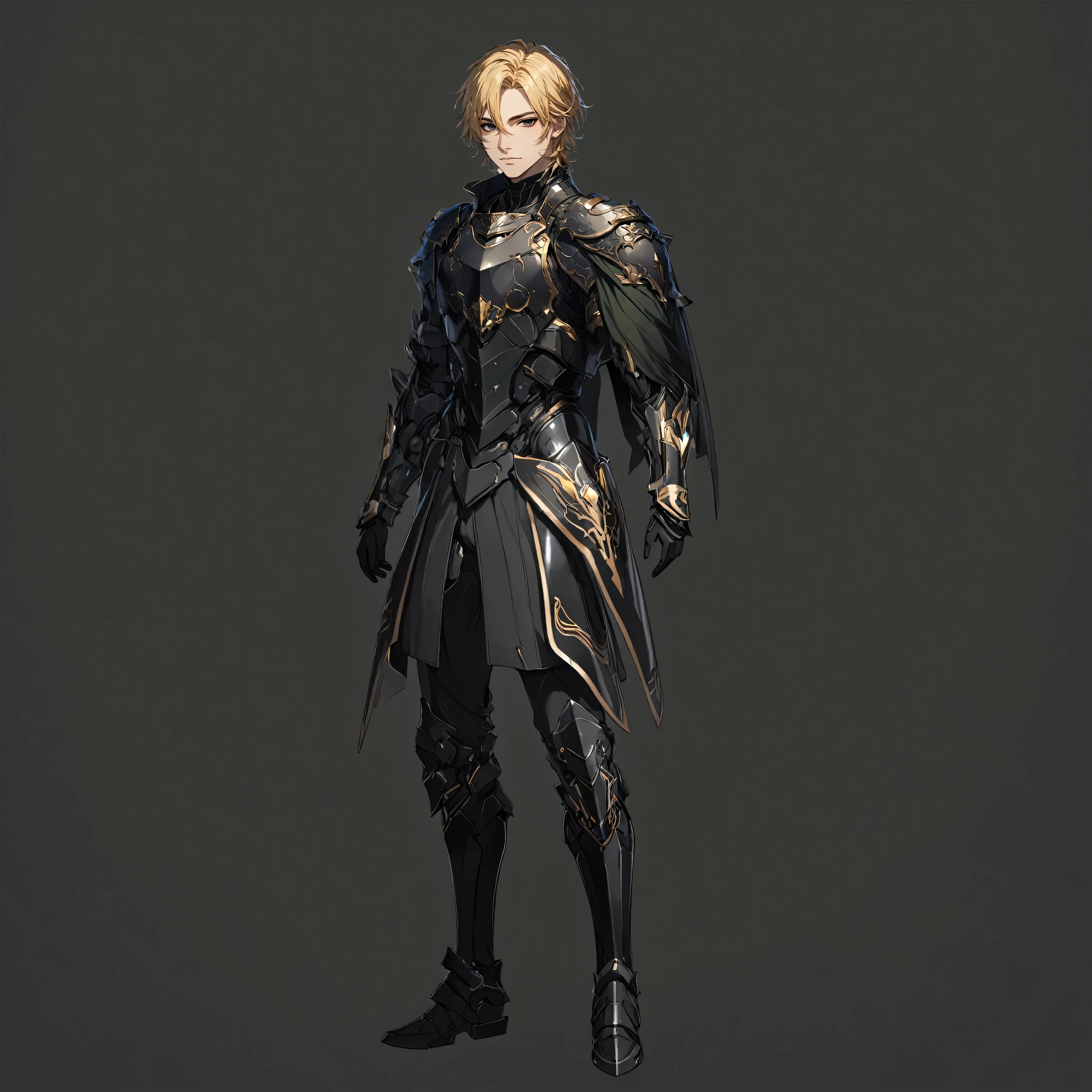 masterpiece, best quality, good quality, Highly detailed, shadowverse style, male, blonde hair, black eyes, short hair, tidy hair, futuristic sci-fi aesthetic, black armored, side cape
