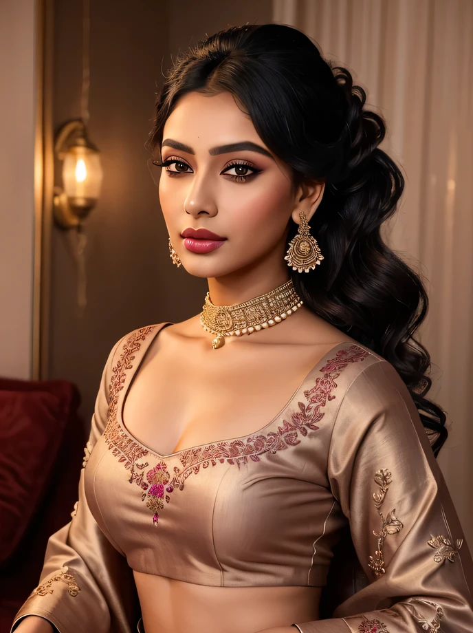 Create an ultra-realistic image of a modern, attractive female influencer of Indian descent, aged between 27 to 30. She should have a warm and inviting smile, expressive almond-shaped eyes with a slight shimmer, and clear, glowing skin with a medium brown complexion. Her features should be well-defined, with high cheekbones and a sharp jawline. Her hair should be long, thick, and styled in a classic chignon with delicate pearl hairpins, with a deep, reddish-purple hue that’s bold yet sophisticated. She should have a slender yet athletic build with gigantic breasts (plump: 1.3),A young woman with a graceful and poised expression is shown in a traditional setting. She has dark, wavy hair pulled back into a neat updo, adorned with a small, elegant hair accessory at the front. She wears a black blouse with intricate floral embroidery on sheer sleeves, and a deep neckline that complements her jewelry. The lower part of her outfit includes a pink saree or lehenga with golden embroidery. Her makeup is sophisticated with defined eyeliner, well-groomed eyebrows, and a soft pink lip color. The background is warm and dimly lit, creating a soft, intimate atmosphere, with hints of traditional decor elements.