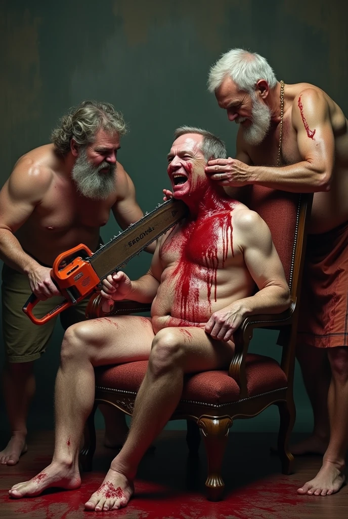 naked man in a chair, torturing, covered in blood. A dwarf with a chainsaw is torturing him and a naked grandfather in a bloody apron is cutting his throat.