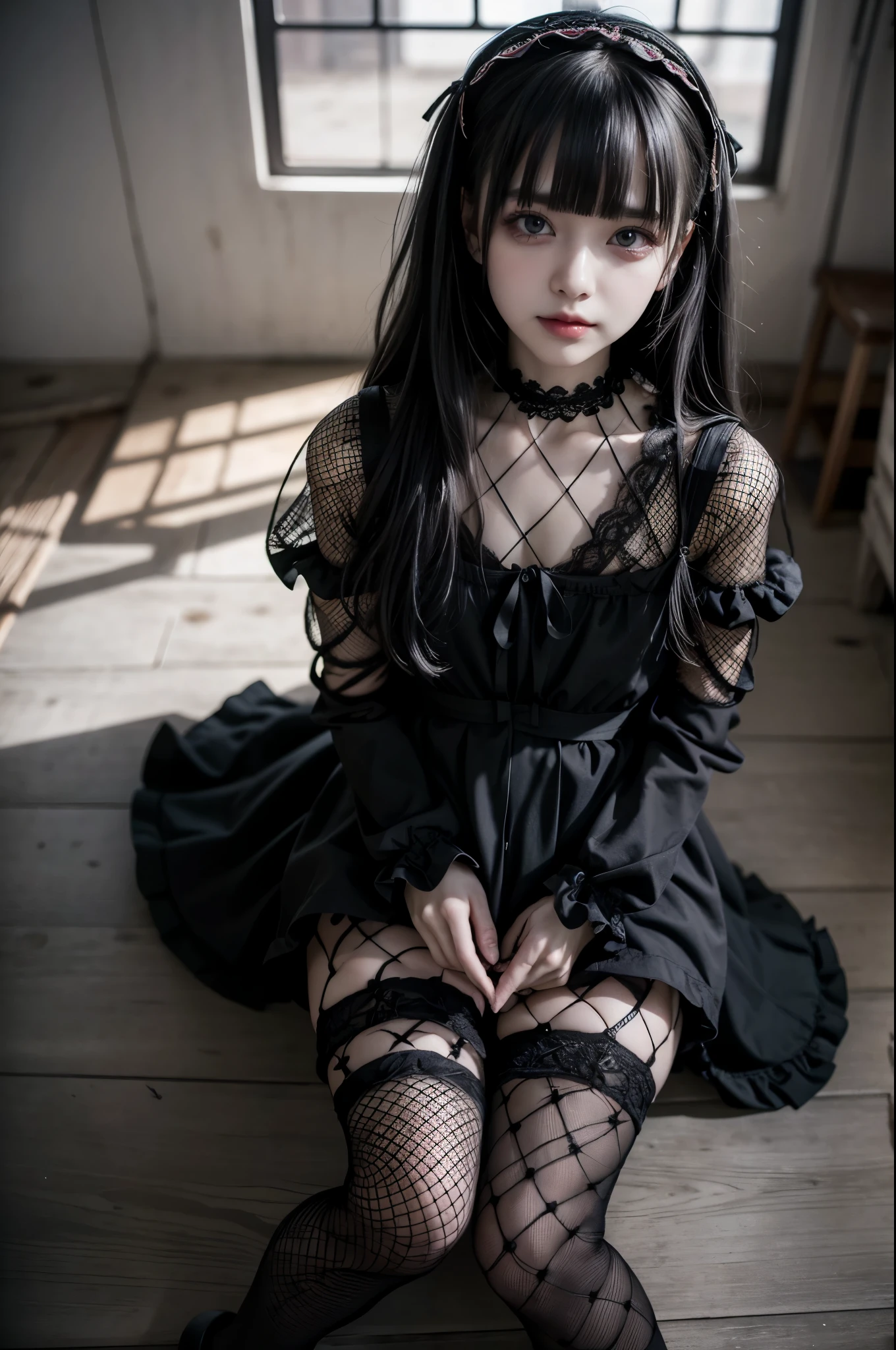 RAW Photos, 8k, (Highest quality), Realistic, (live-action, Intricate details), (Natural skin texture, Detailed skin, Hyperrealism, Sharpness), (Pale skin:1.4, Flat Chest), (((Black Thong, Black Gothic Lolita Fashion, Fishnet tights))), Japanese  girl crouches in abandoned attic, ((Straight hair, Blunt bangs)), (Provocative look, Lips parted:1.3, eye shadow, Tear bags:1.3, Red lips, Dark circles under the eyes), Thighs, Messy floor