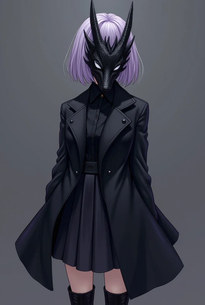 Female, Anime, Short lavender-haired, Faired skin, Black dragon mask fully covering her face, Black jacket, Black longskirt, Black boots